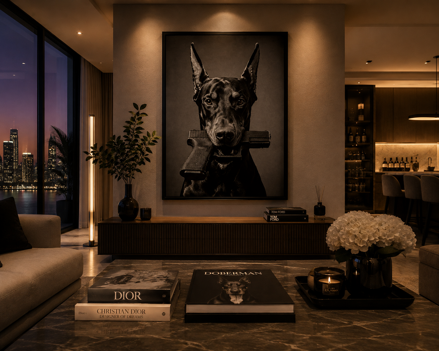 Good Boy wall art displayed in a warm luxury modern living room