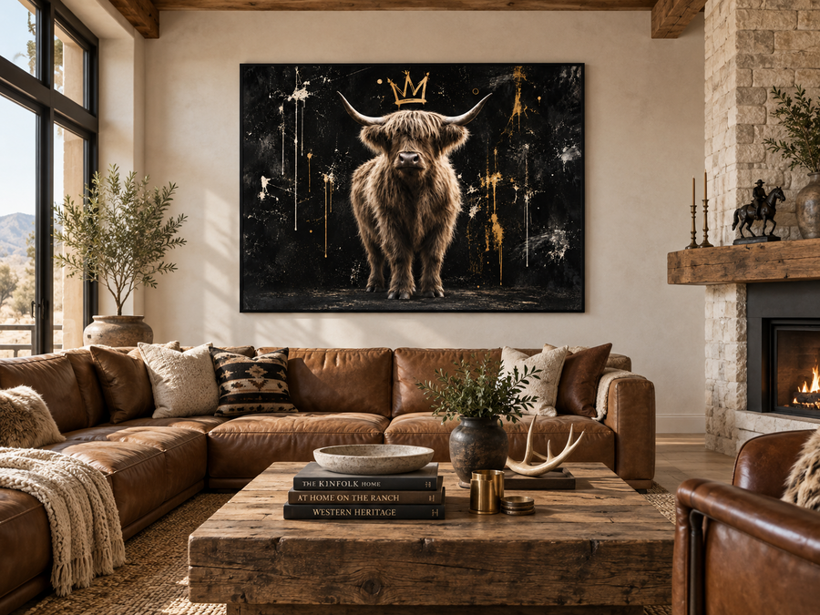 Highland King artwork displayed in a modern ranch interior