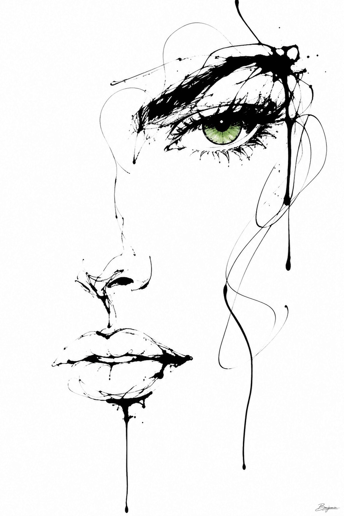 Inked minimalist black ink portrait artwork with a single emerald green eye