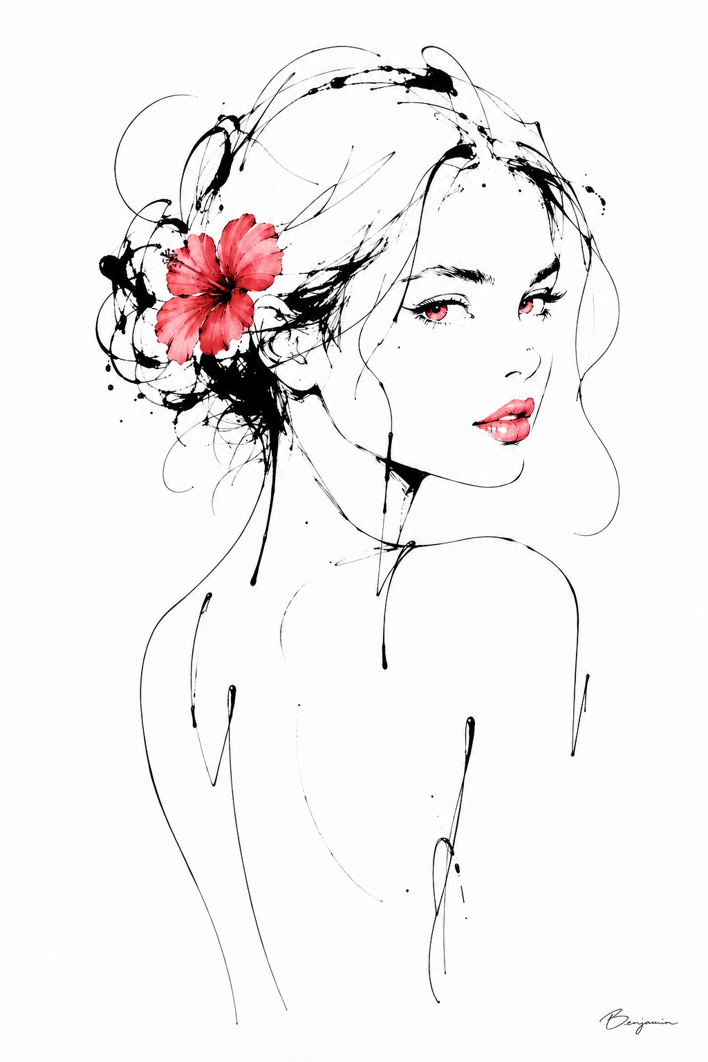 Inked II minimalist black ink portrait artwork with red hibiscus flower, pink eyes, and pink lips