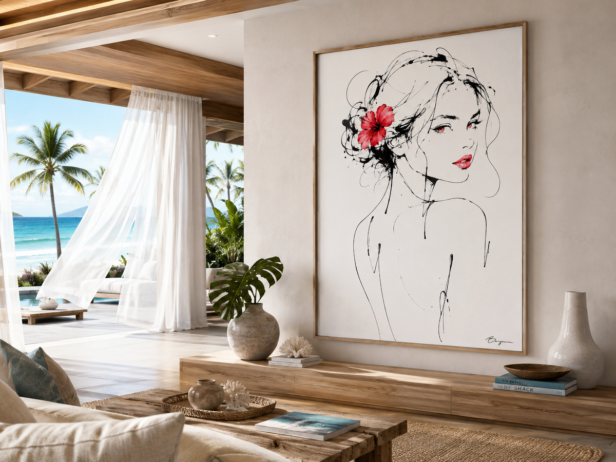 Inked II oversized framed portrait artwork displayed in a warm modern tropical living room displayed in a room