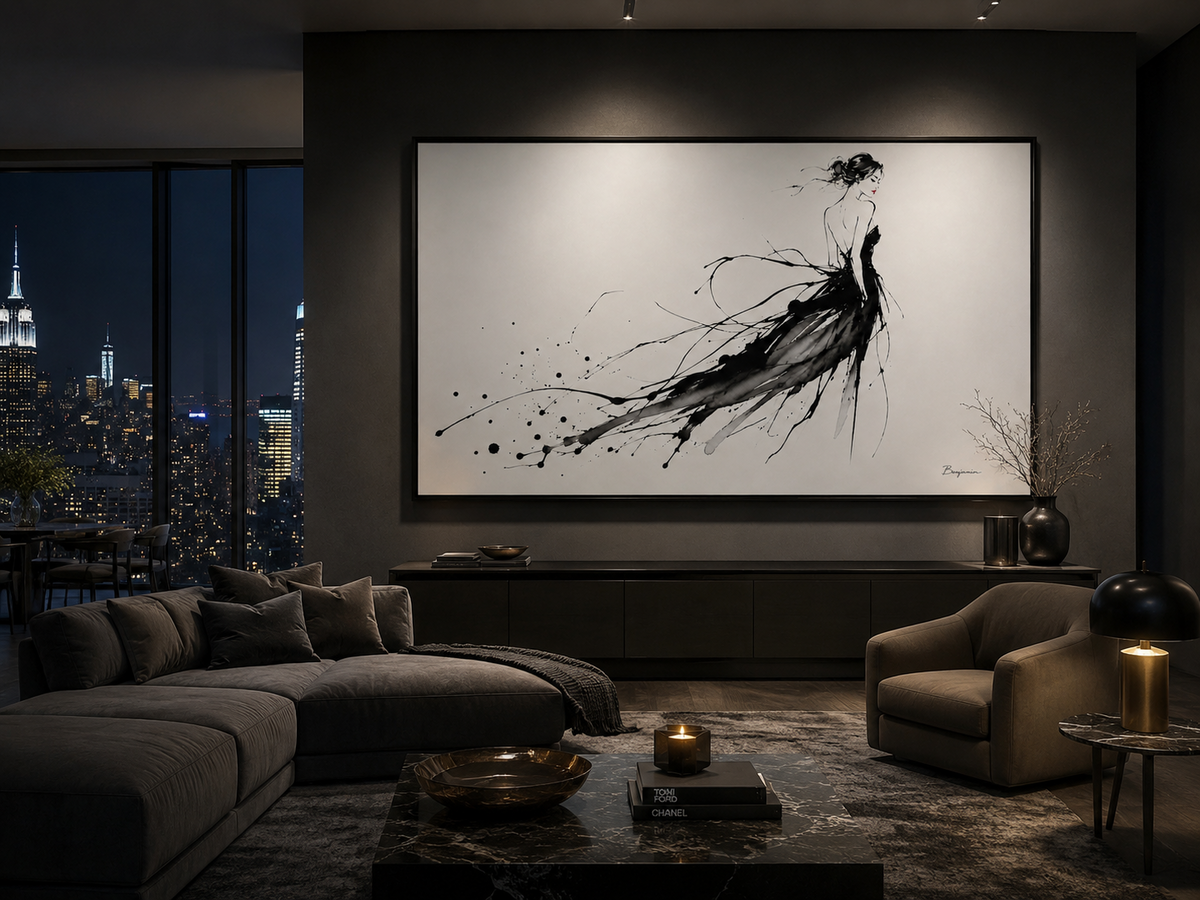 Inked III oversized framed black ink fashion artwork displayed in a dark luxury city penthouse living room displayed in a room
