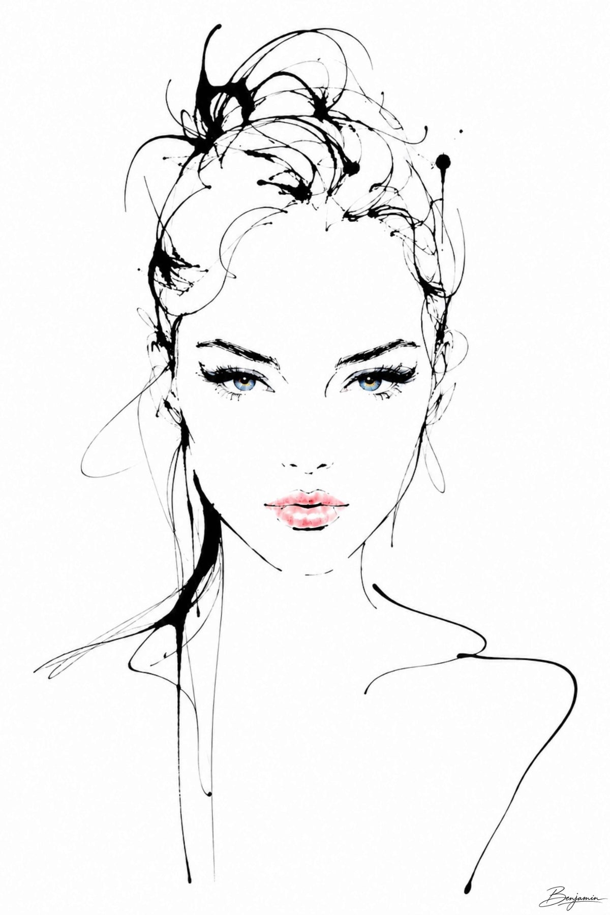 Inked IV minimalist black ink portrait with blue eyes and pink lips