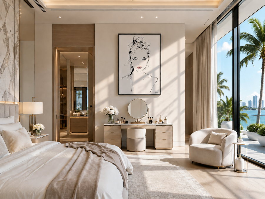Inked IV framed ink portrait displayed in a luxury modern bedroom
