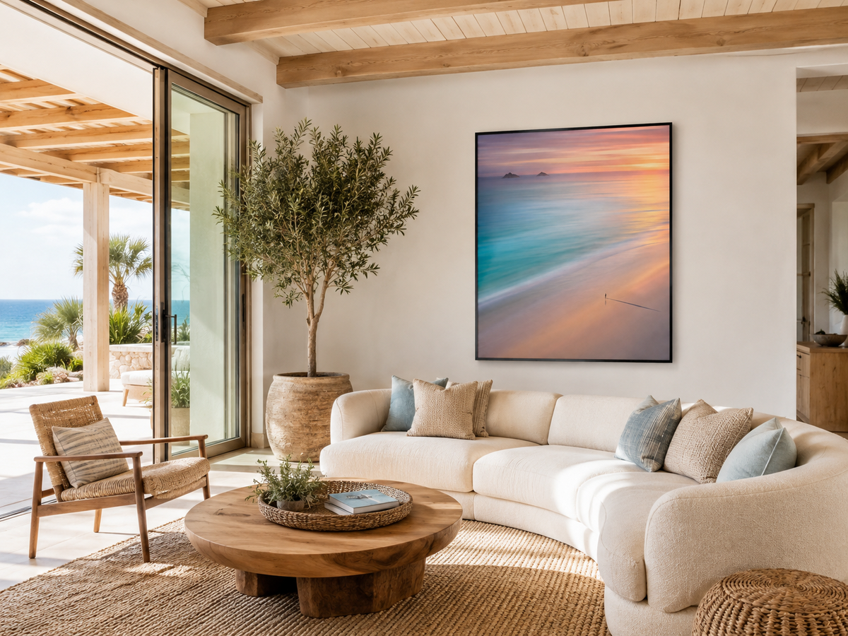 Island Afterglow framed coastal artwork displayed in a modern interior displayed in a room