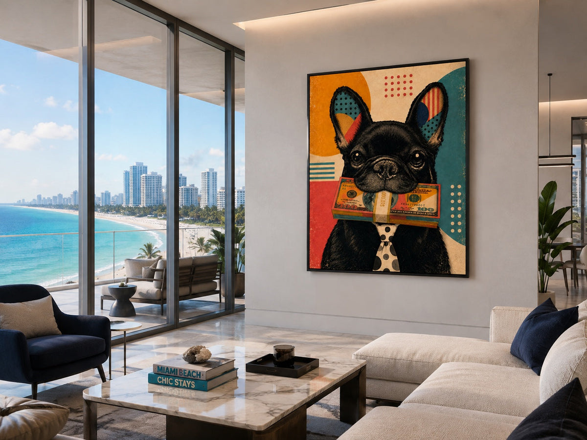 Mr. Pug IV framed colorful dog pop artwork holding cash displayed in a modern Miami living room displayed in a room