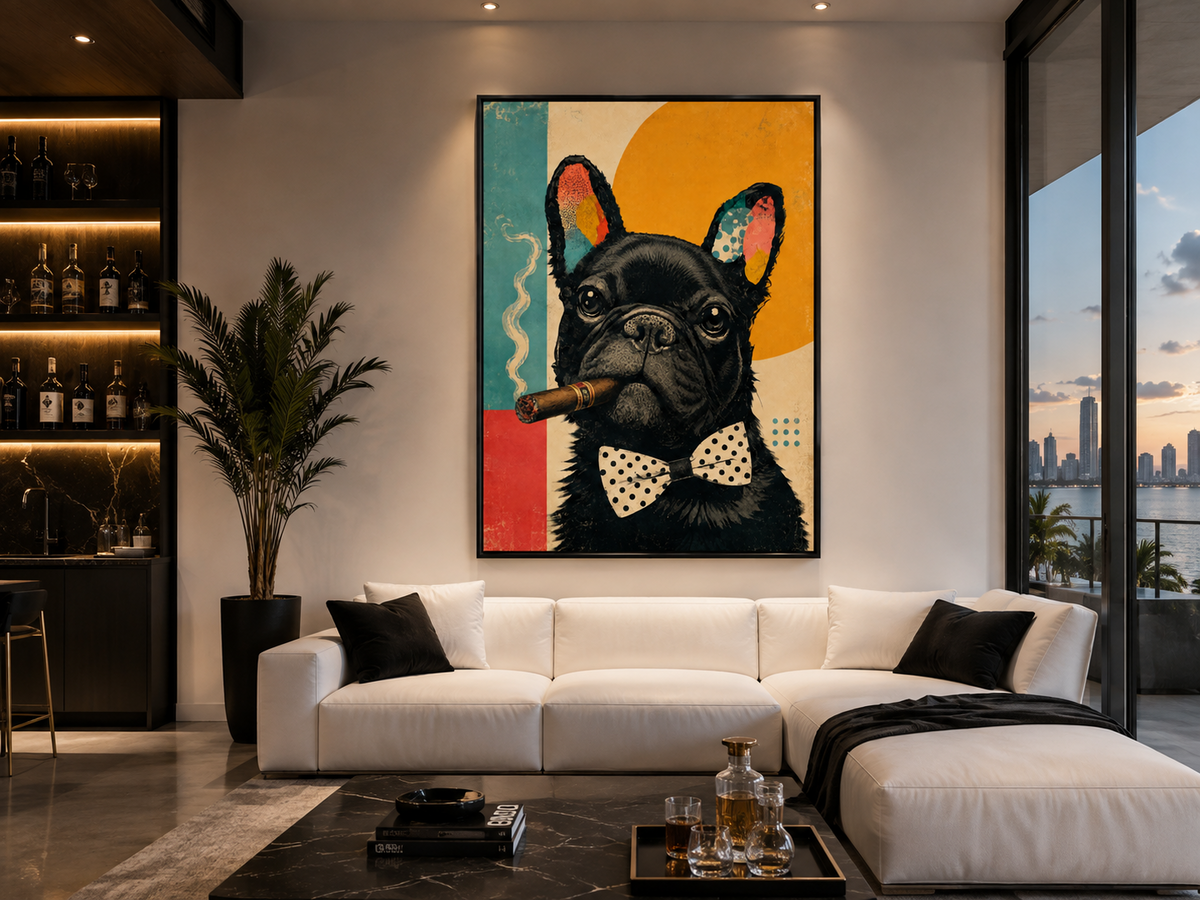 Mr. Pug framed pop artwork displayed in a modern luxury living room displayed in a room