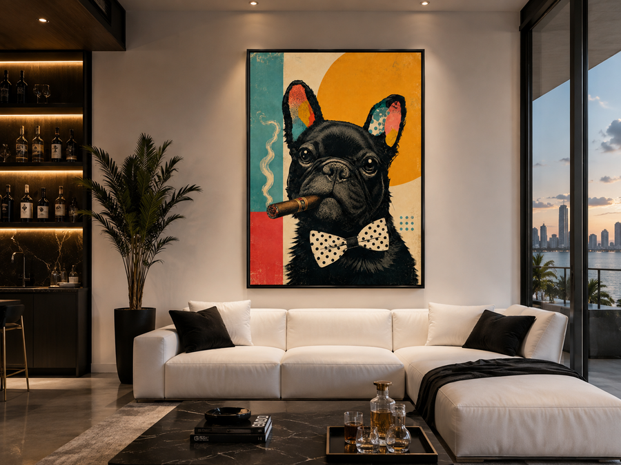 Mr. Pug framed pop artwork displayed in a modern luxury living room