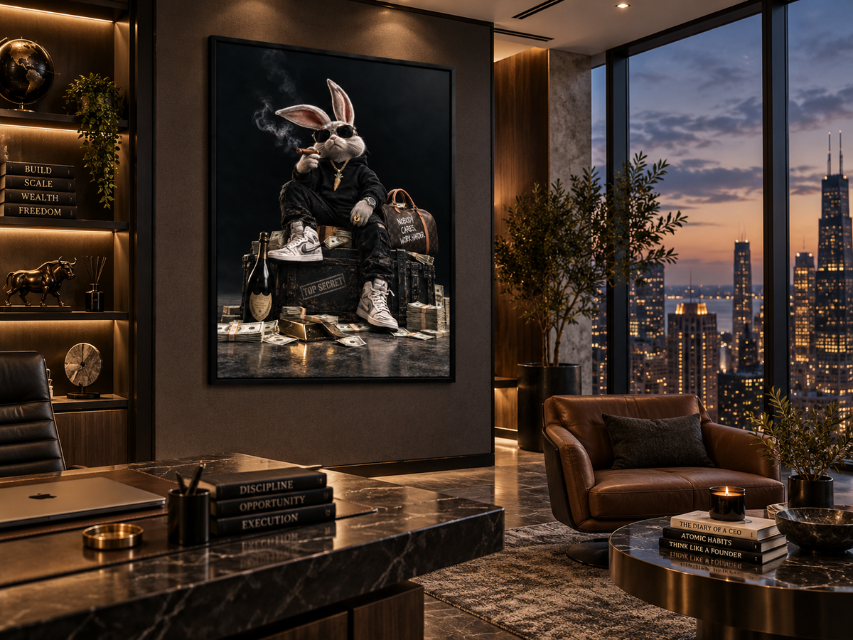Bunny Money artwork displayed in a modern interior displayed in a room