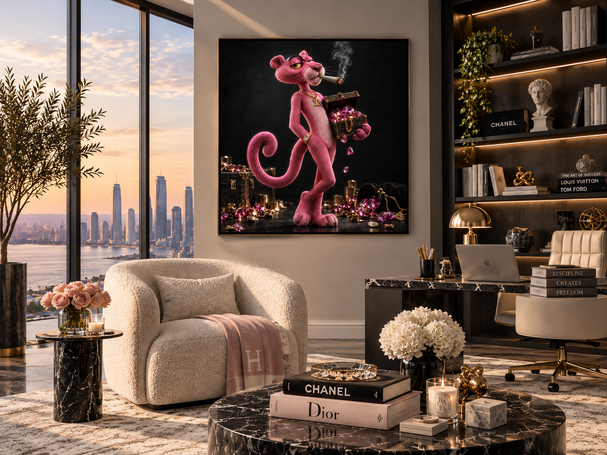 Pink Panther artwork displayed in a modern interior displayed in a room