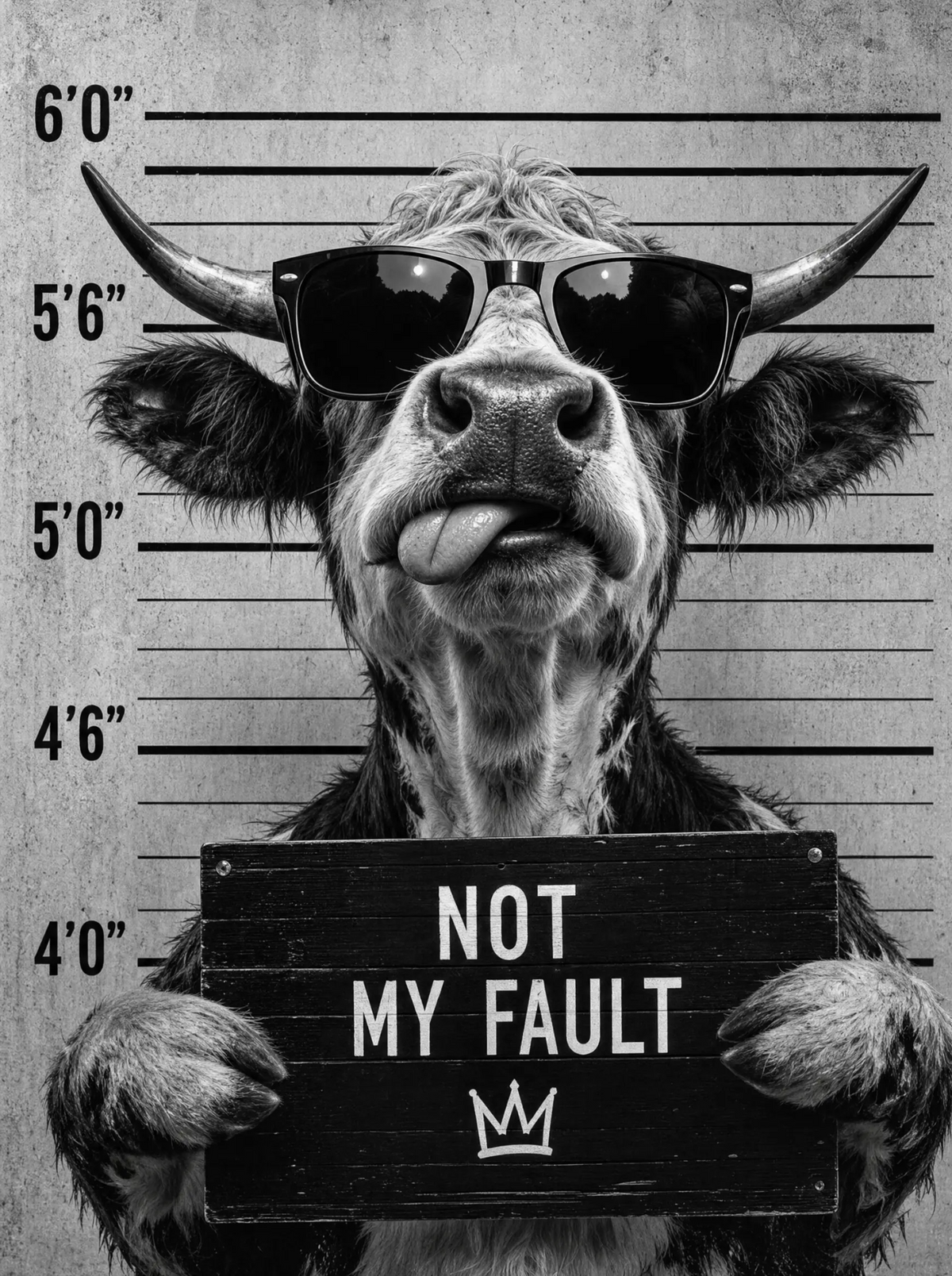Not My Fault black and white cow mugshot artwork