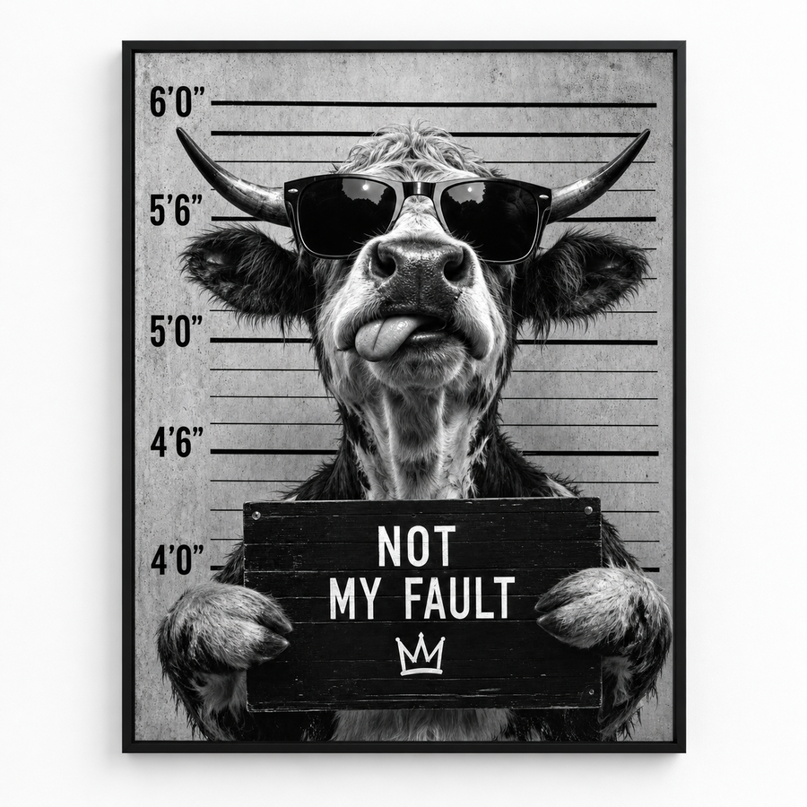Not My Fault black and white cow mugshot artwork in a black frame