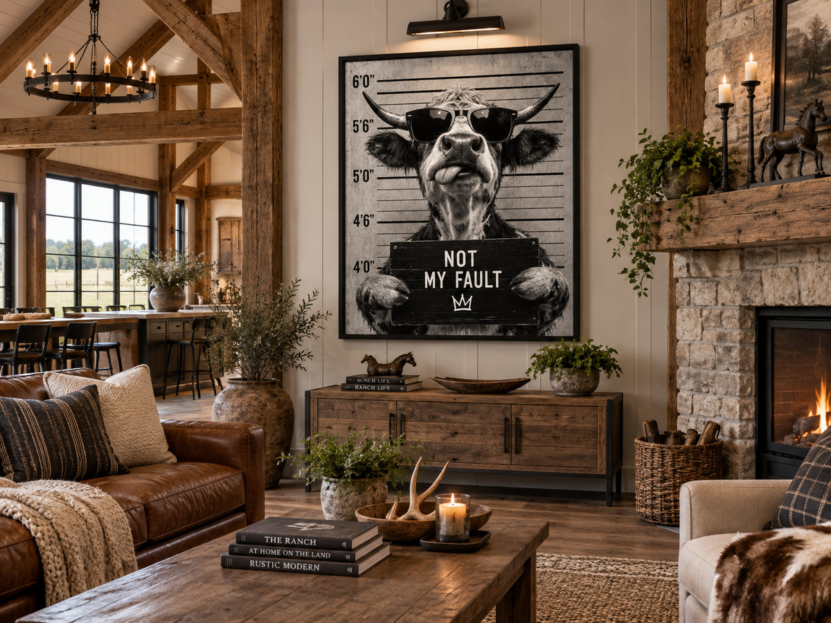 Not My Fault cow artwork displayed in a warm modern ranch living room displayed in a room