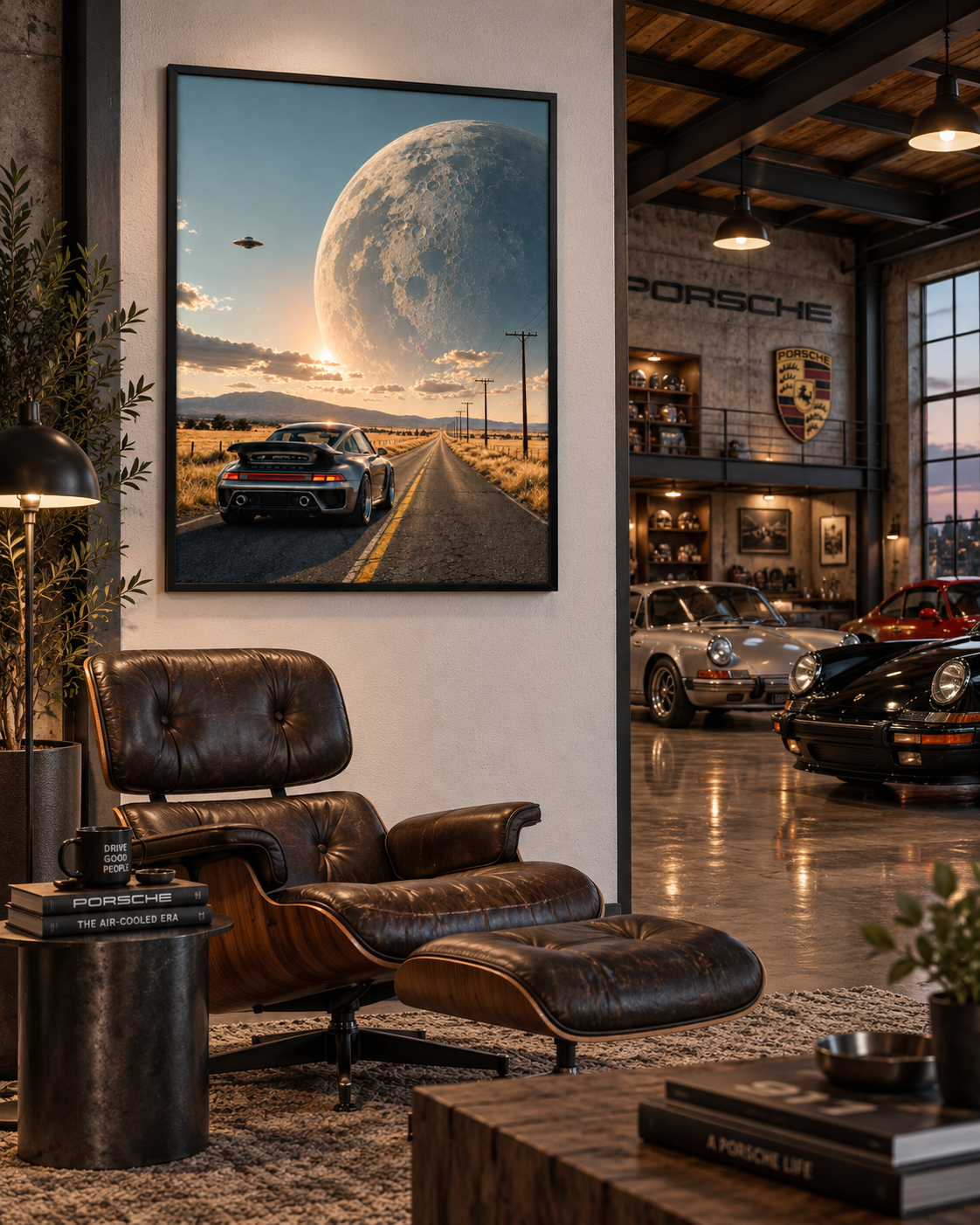 Outta This World II artwork displayed in a Porsche garage displayed in a room