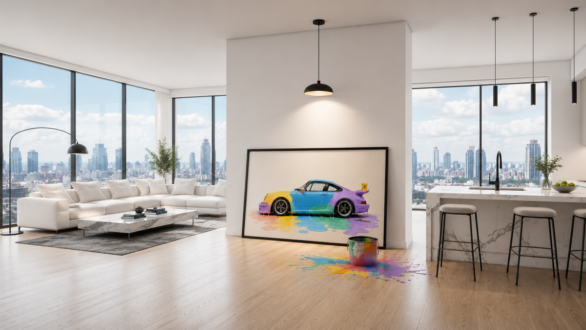 Porsche Melt artwork displayed in a bright modern city loft living room