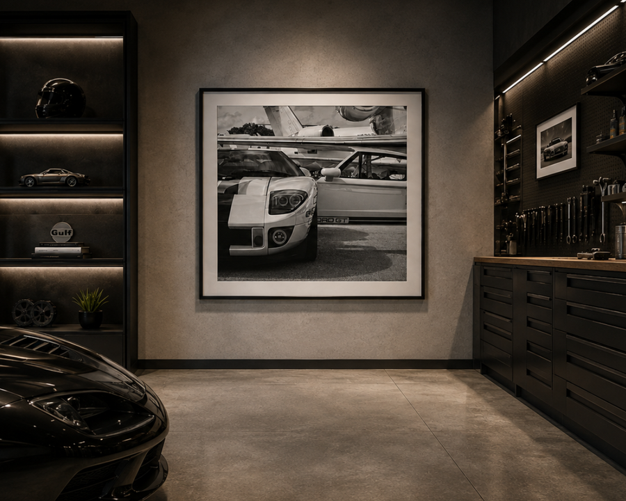 Ready for Takeoff Ford GT artwork displayed in a wide luxury automotive garage