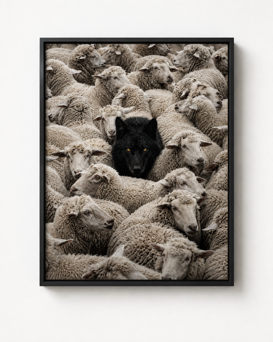 Sheepdog guardian among sheep motivational artwork in a black frame