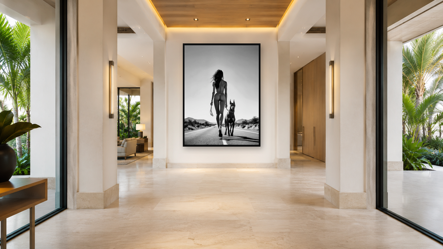 Walk the Line wall art displayed in a modern Palm Beach mansion hallway